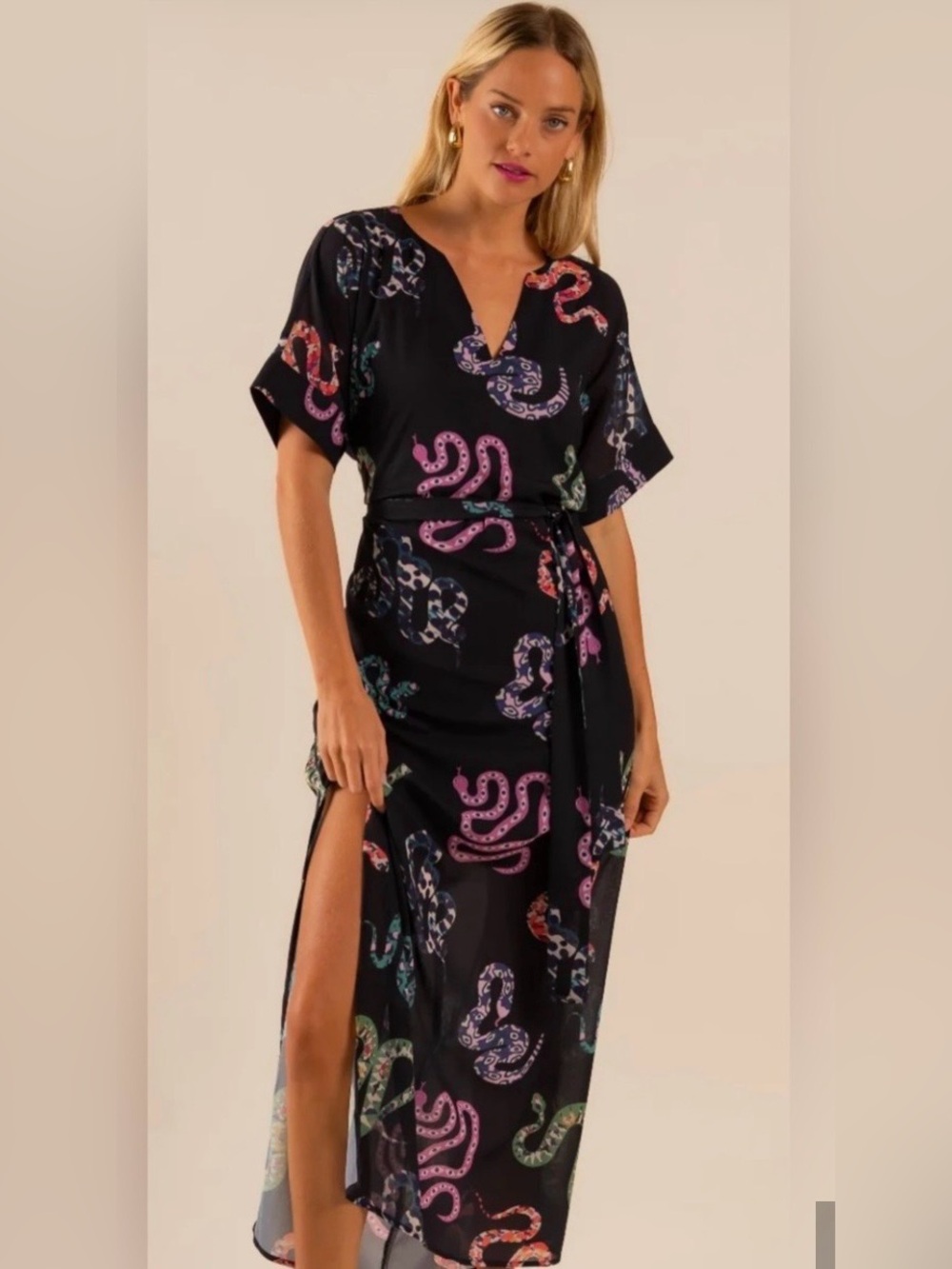 Care Tucker Black Snake-Print Chic Maxi Dress & Tie Belt - Black- One Size NWT
